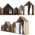 Modern House Shaped Wooden Bookshelf Design With Books And Decorative Objects