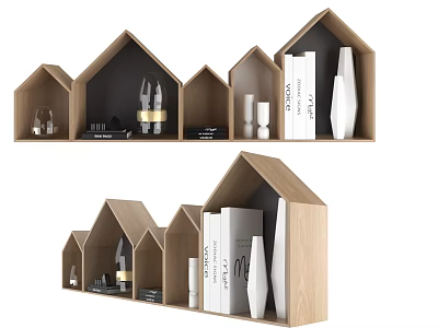 Modern House Shaped Wooden Bookshelf Design With Books And Decorative Objects 3d model