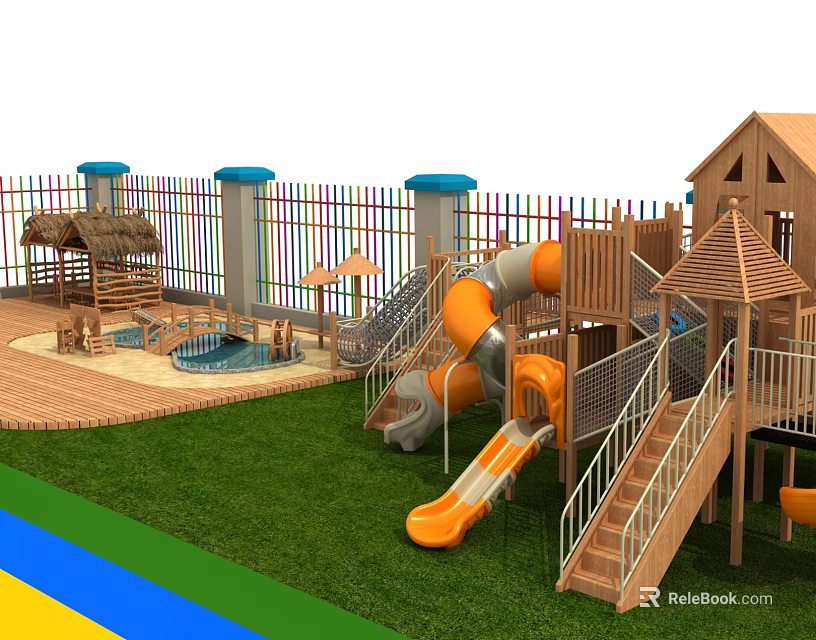 Wooden Playground Equipment With Slides Shelters And Fenced Grass Area 3d model 