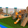 Wooden Playground Equipment With Slides Shelters And Fenced Grass Area