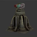 Futuristic Mechanical Weapon With Multi Barrel Turret And Supportive Metal Pillars