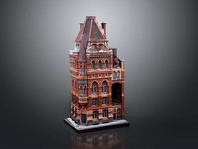 Red Brick Classical Building With Gabled Roof Multi Story Windows And Chimneys 3d model