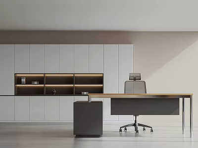 Modern Office Interior With White Cabinets Wooden Desk Gray Chair And Open LED Light Shelves 3d model