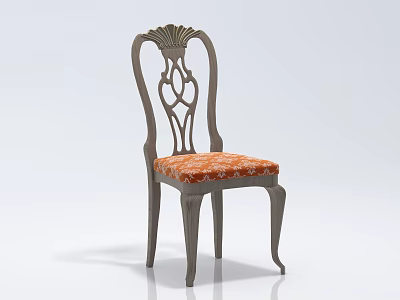 Elegant Carved Backrest Accent Chair With Gray Frame And Orange Patterned Seat Cushion 3d model