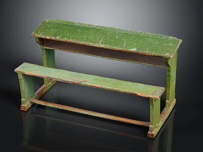 Vintage Green Desk And Bench With Worn Surface And Wooden Structure Featuring Bench In Front 3d model