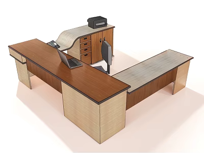 L Shaped Wooden Office Desk With Laptop Printer Drawers And Chair 3d model