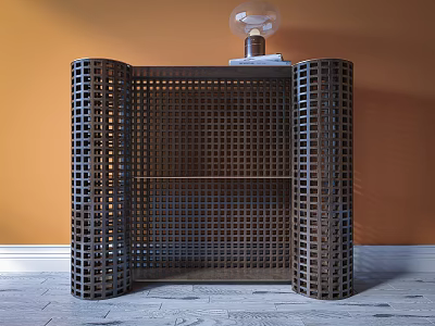 Modern Grid Design Dark Metal Shelving Unit Orange Wall Wood Floor With Lamp And Books 3d model