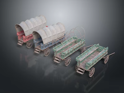 Vintage Covered And Open Wagons With Red Blue Green Colors Wooden Wheels Canvas Covers 3d model