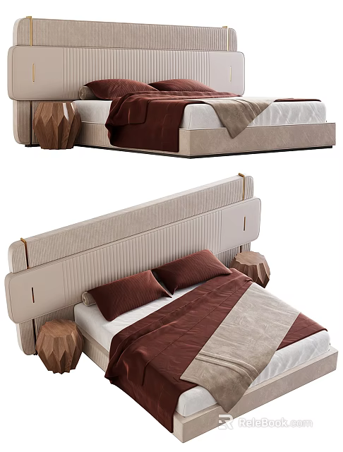 Elegant Double Bed Interior With Upholstered Headboard Brown Beige Bedding And Wooden Nightstand 3d model 