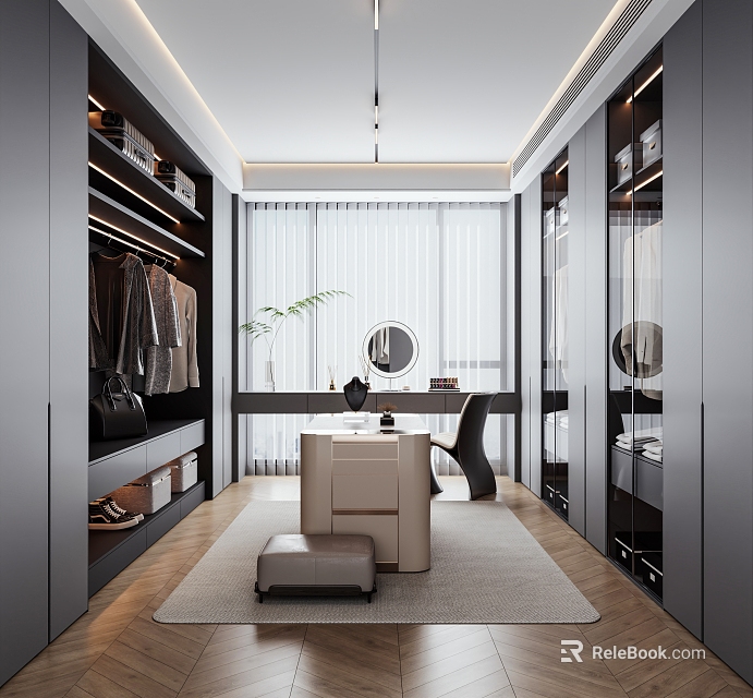 Modern Closet Interior With Wardrobes Desk Chair Stool And Plant 3d model 