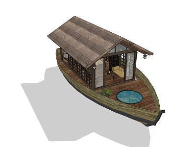 Wooden Boat House Design With Traditional Roof And Circular Pool Interior 3d model