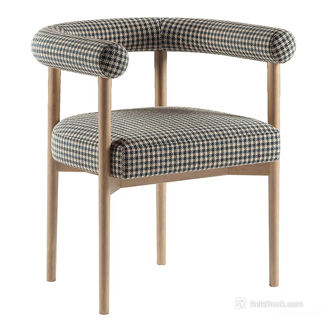 Modern Single Chair With Houndstooth Fabric Seat And Wooden Armrest Frame 3d model 