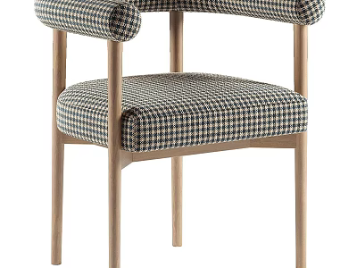 Modern Single Chair With Houndstooth Fabric Seat And Wooden Armrest Frame 3d model
