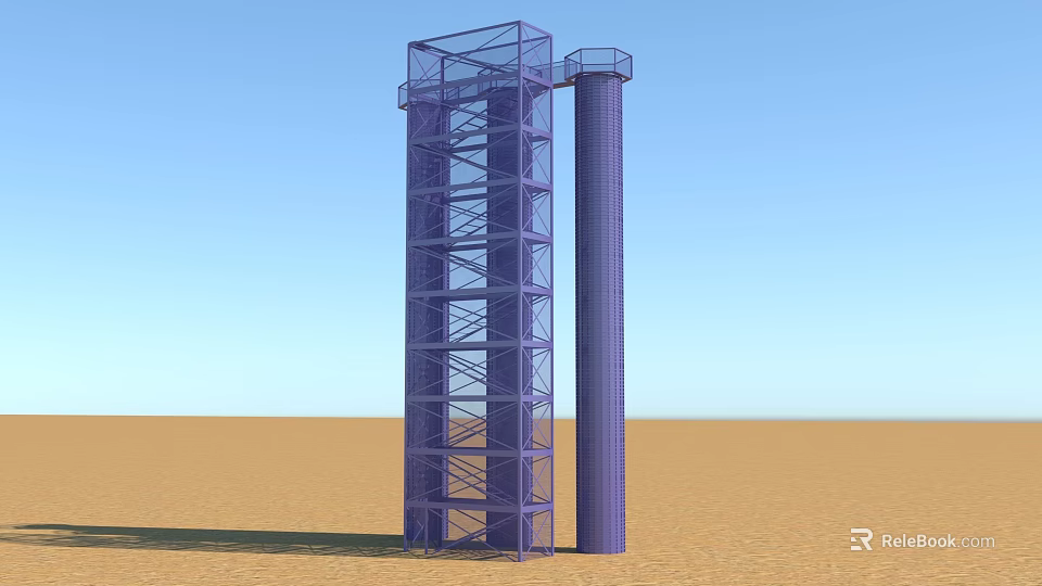 Tall Blue Metal Staircase With Platform And Cylindrical Support Column In Outdoor Sandy Area 3d model 