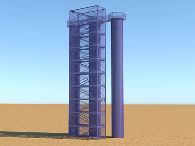 Tall Blue Metal Staircase With Platform And Cylindrical Support Column In Outdoor Sandy Area 3d model