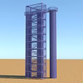 Tall Blue Metal Staircase With Platform And Cylindrical Support Column In Outdoor Sandy Area