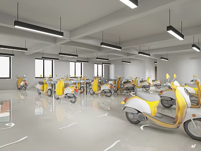 Spacious Exhibition Hall With Yellow And White Motorcycles Bright Lighting And Windows 3d model