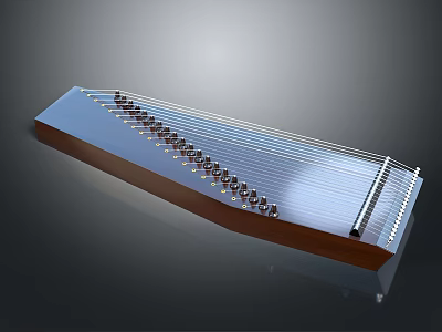 Traditional Chinese Guzheng Musical Instrument with Wooden Body and Shiny Metal Strings 3d model