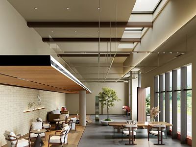 Modern Café Interior With Wooden Accents Large Windows Green Plant And Comfortable Seating 3d model