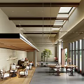 Modern Café Interior With Wooden Accents Large Windows Green Plant And Comfortable Seating