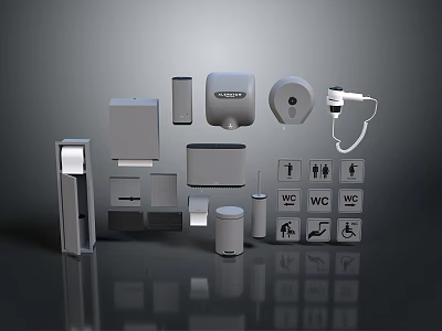 Bathroom Essentials With Toilet Paper Holder Soap Dispenser Hand Dryer Trash Can And Accessibility Signs 3d model