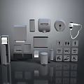 Bathroom Essentials With Toilet Paper Holder Soap Dispenser Hand Dryer Trash Can And Accessibility Signs