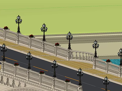 Ornate Bridge With Decorative Railings Lamp Posts Pedestrian Walkway And Roadway 3d model
