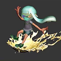Cartoon Character With Teal Hair Purple Glasses Standing On Yellow Liquid Splash In Dynamic Pose