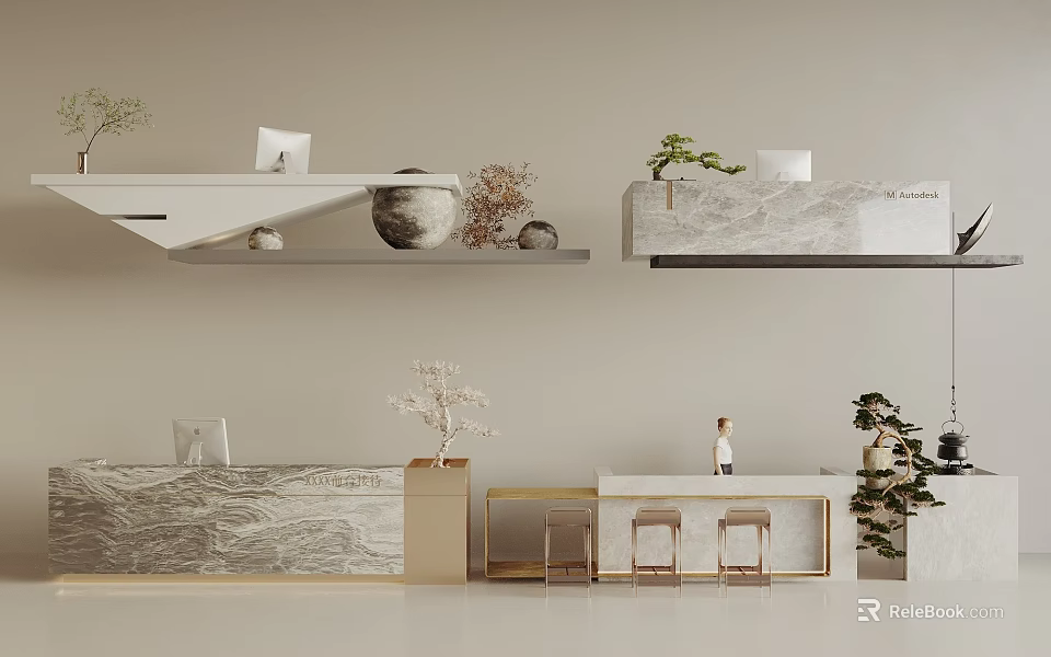 Modern Reception Desk With Marble Surface And Decorative Plants And Chairs 3d model 