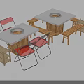 Dining Table Set With Red Chairs Wooden Benches And Central Fire Pit 3d model