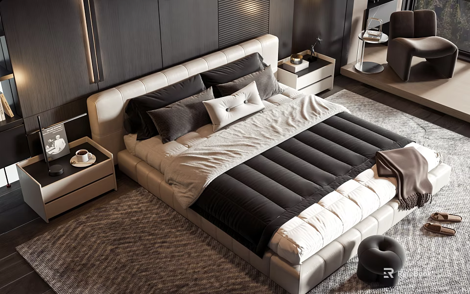 Modern Bedroom Interior With Double Bed Black White Pillows Bedspread Nightstands And Rug 3d model 