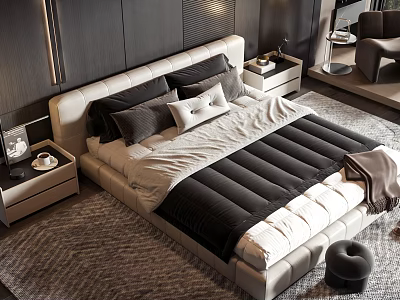 Modern Bedroom Interior With Double Bed Black White Pillows Bedspread Nightstands And Rug 3d model