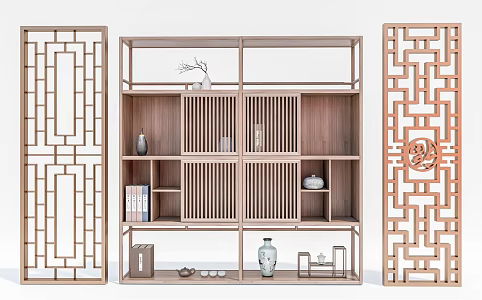 New Chinese-style Antique Rack Duobao Pavilion Storage Rack and Ornaments Combination Tea Set Teapot 3d model