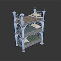 Three Tiered Elegant Display Shelf With Carved Details And Colored Cushions