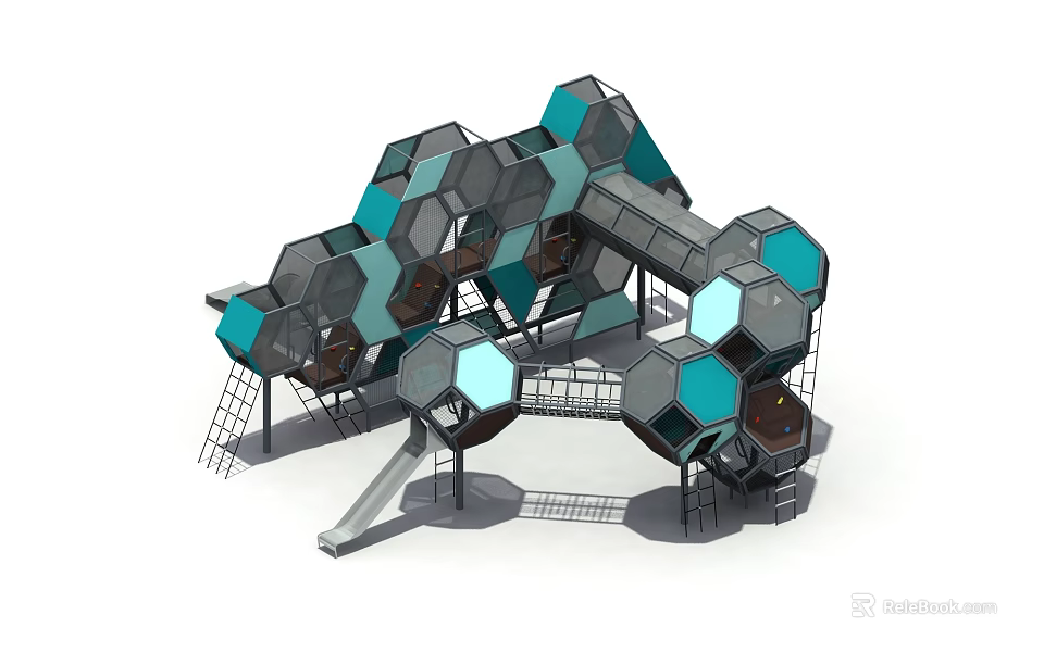 Children's Outdoor Hexagonal Playground Structure With Teal Gray Modules And Slide 3d model 