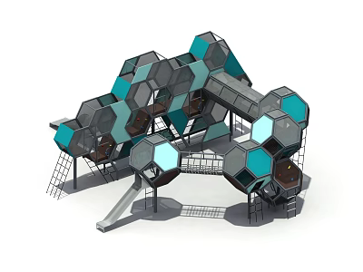 Children's Outdoor Hexagonal Playground Structure With Teal Gray Modules And Slide 3d model