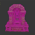 Brick Arched Architectural Structure with Red Decorative Orbs and Central Panel on Detailed Stone Pedestal