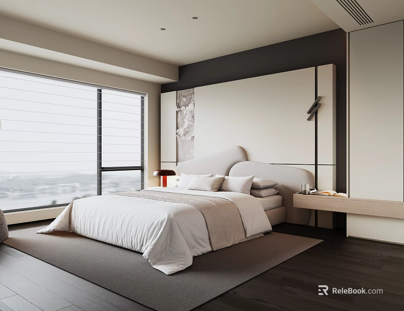 Modern Bedroom Interior Design With Large Bed White Bedding Wooden Flooring And Windows 3d model 