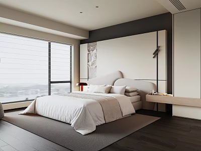Modern Bedroom Interior Design With Large Bed White Bedding Wooden Flooring And Windows 3d model