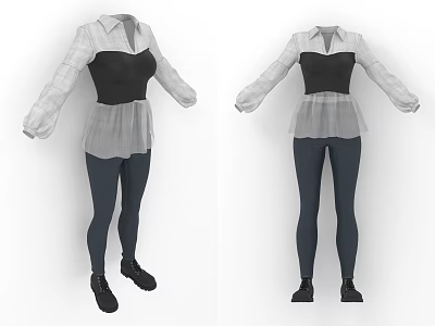 White Long Sleeve Shirt With Black Vest Gray Sheer Skirt And Dark Tight Pants Outfit 3d model