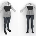 White Long Sleeve Shirt With Black Vest Gray Sheer Skirt And Dark Tight Pants Outfit