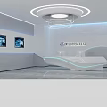 Modern Tech Exhibition Hall With Circular Ceiling Lamp Digital Screens And Curved White Reception Desk
