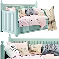Light Blue Baby Crib With Soft Pink Polka Dot Blanket And Decorative Pillows