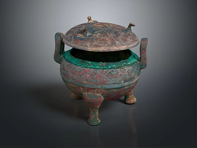 Ancient Bronze Ding With Decorative Lid Handles And Three Legs Design 3d model
