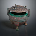 Ancient Bronze Ding With Decorative Lid Handles And Three Legs Design 3d model