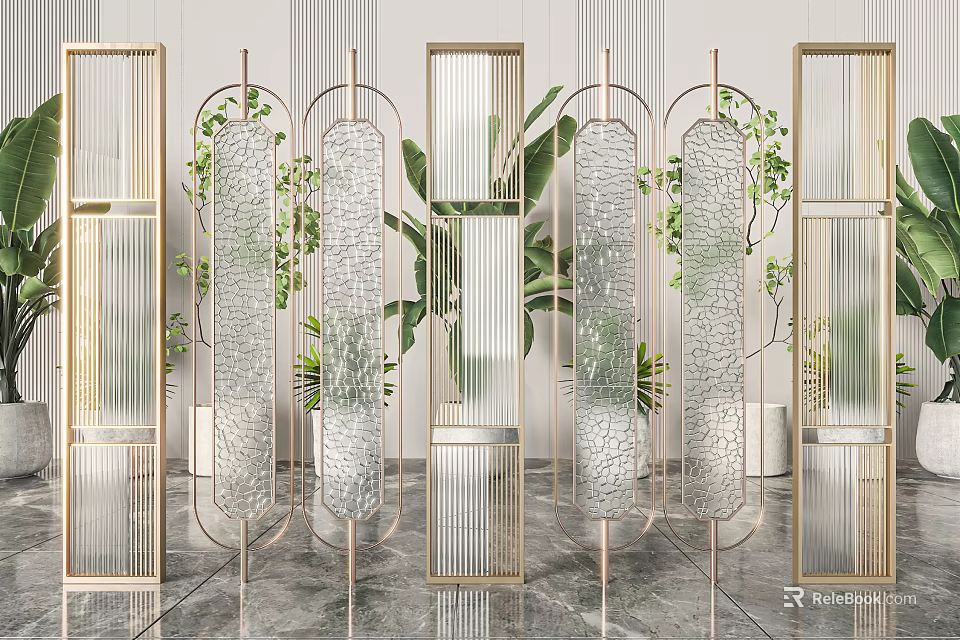 Modern Decorative Room Dividers With Metal Frame Glass Panels And Green Plants 3d model 