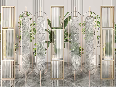 Modern Decorative Room Dividers With Metal Frame Glass Panels And Green Plants 3d model