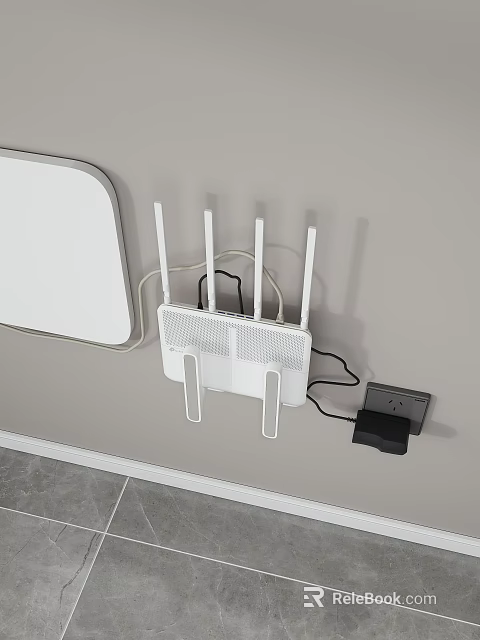 White Wireless Router With Multiple Antennas Connected To Power Outlet And Network Cable On Wall 3d model 