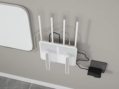 White Wireless Router With Multiple Antennas Connected To Power Outlet And Network Cable On Wall 3d model