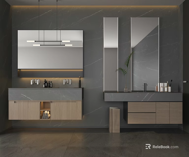 Modern Wall Mounted Bathroom Vanity With Wooden Cabinets Marble Countertop And Mirrors 3d model 